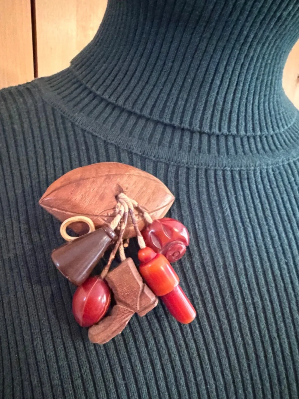 Rare Vintage 1940's Bakelite & Carved Wood Varsity Sports Figural Dangle Brooch